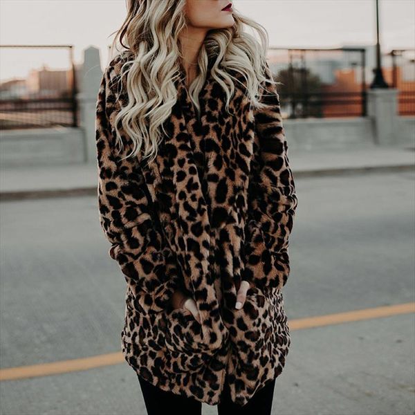 

faux fur coat women 2020 winter fashion leopard print outerwear warm long sleeve artificial fur jacket plush clothing, Black
