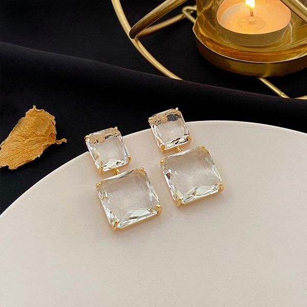 

Korean New Style Luxury Elegant Shiny Geometric Square Crystal Dangle Earrings For Female Wedding Party Daily Jewelry, Silver