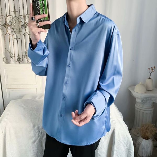 

2021 long sleeve lapel youth spring new blue loose cardigan casual men's korean fashion shirt, White;black
