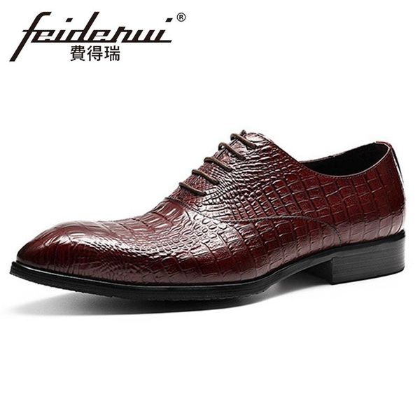 

luxury real genuine leather men's oxfords pointed toe man wedding party flats formal dress alligator pattern male shoes fhs126, Black