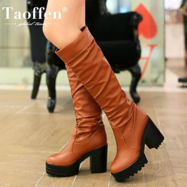 

boots taoffen women knee high platform thick heel winter long fashion cool shoes woman footwear size 34-431, Black