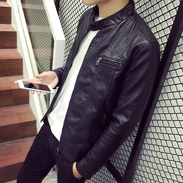

2020 new fashion spring autumn male leather jacket plus size 3xl black brown mens stand collar coats leather biker jackets 1561
