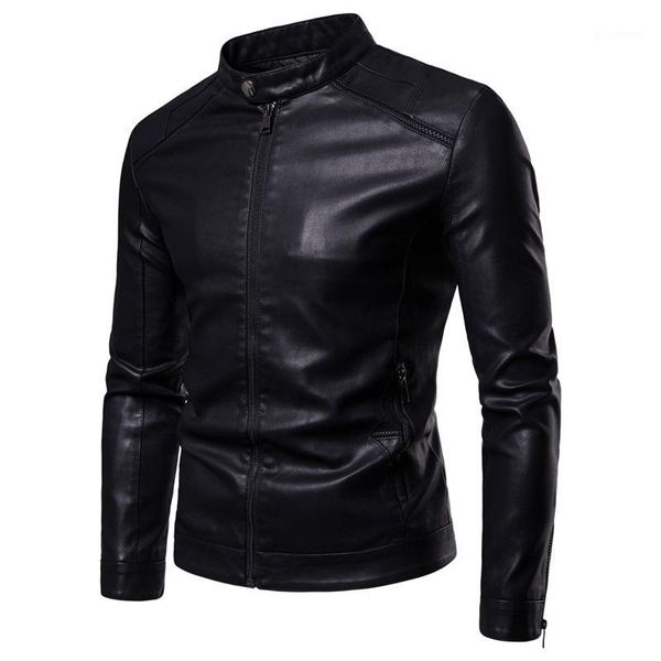 

synthetic leather jacket men stand collar pu jacket leather coat1, Black