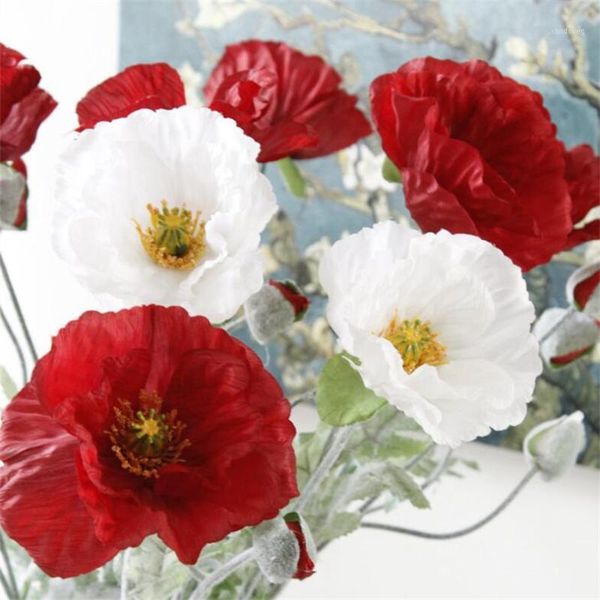 

24pcs artificial corn poppy blossom branch white/red/orange color silk flocking poppy stem flower 27.56" decorative flowers1