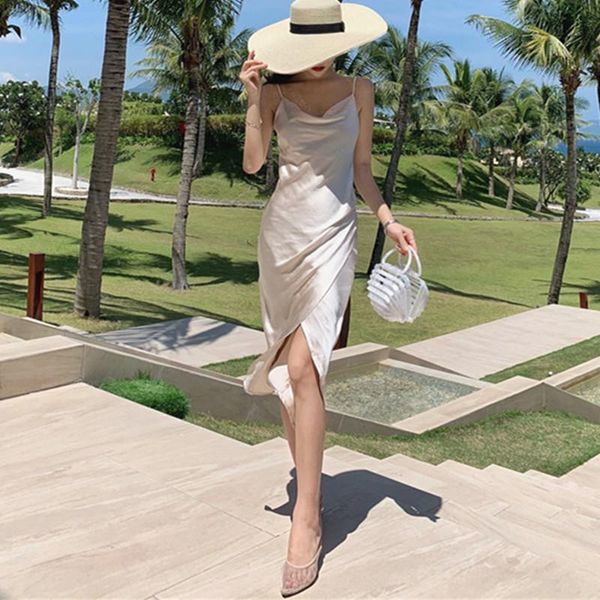 

women's polos woman casual v-neck beach satin dress home female camisole dresses spring tank camis summer, White