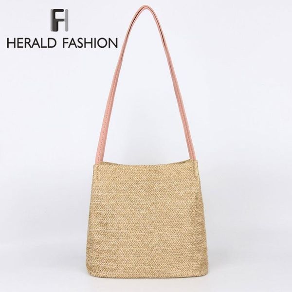 

herald fashion women straw bucket bag summer beach bag rattan woven handmade knitted large capacity female shoulder bohemia