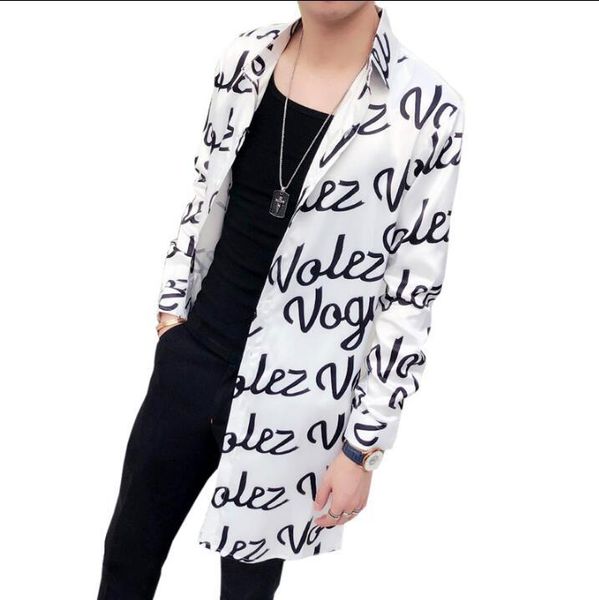 

2021 summer new hair stylist long english letter printing shirt male slim long-sleeved shirt set tide sunscreen clothing, White;black