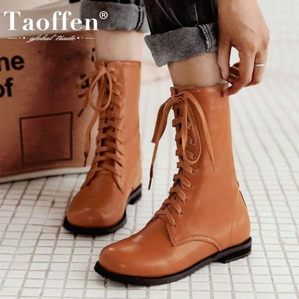 

boots taoffen plus size 29-43 women mid calf cross strap round toe lace up shoes winter warm fashion party footwear1, Black