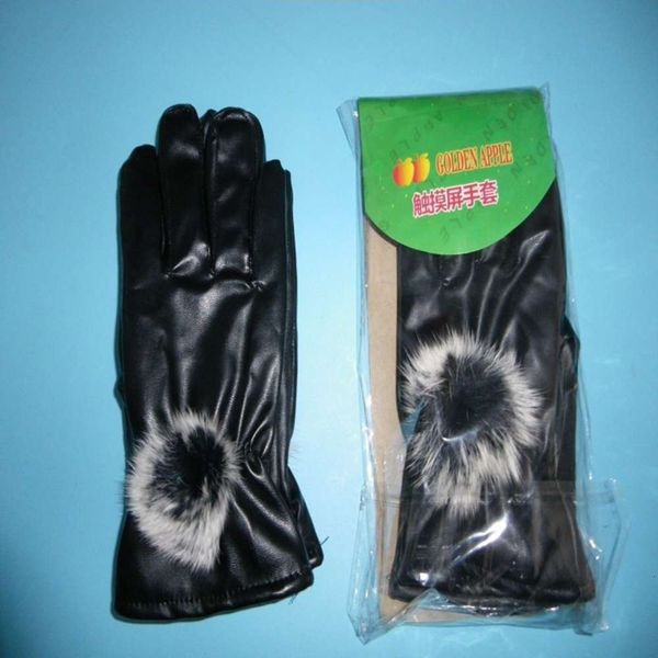 

leather women' fur ball gloves black warm gloves, Blue;gray