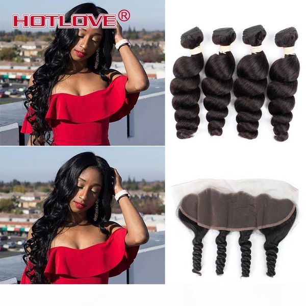 

ear to ear lace frontal closure with bundles 4 pcs indian virgin human hair loose wave with pre plucked frontal closure, Black;brown