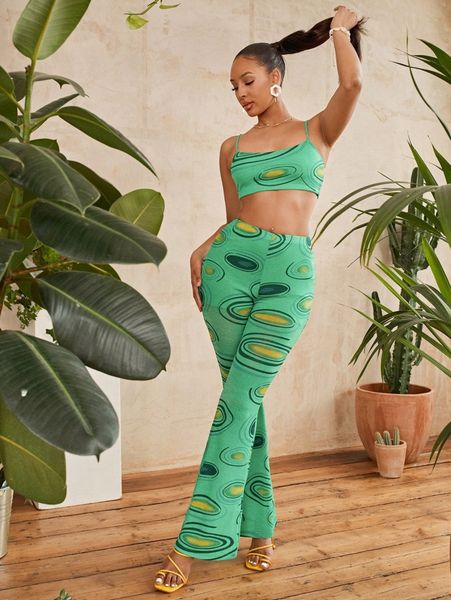 

sxy marbled print cami & flare leg pants set f843#, White