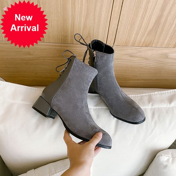 

2021 the new casual style round toe ankle fashion lace-up black gray zipper medium heel thick riding boots female size shoes j6ya