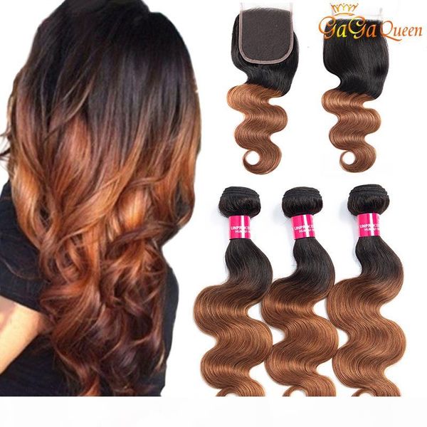 

3 bundles 1b 30 brazilian body wave virgin hair bundle with closure ombre human hair 4x4 lace closure with hair bundles, Black;brown