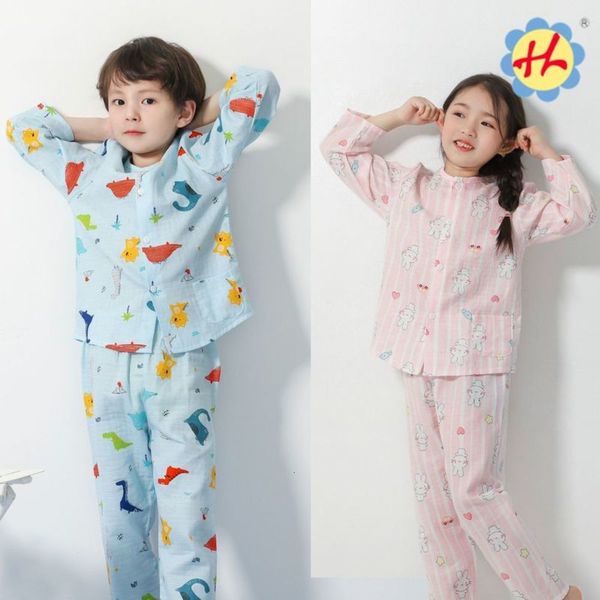 

children's pajamas long gauze sve trousers pure boys and girls cotton cartoon home suit, Blue;red