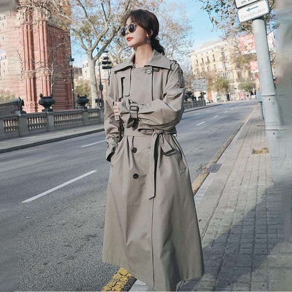 

women's trench coats coat mid-length korean pure color double breasted loose british style 2021 over-the-knee windbreaker 28m, Tan;black