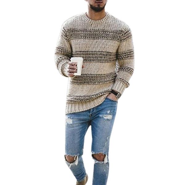 

men's autumn and winter sweater round neck striped loose-fitting warm long-sleeved knitted sweater khaki, White;black