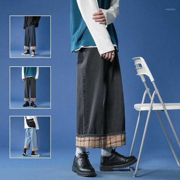 

2020 men's loose straight plaid black/blue casual pants baggy homme classic cargo pocket jeans biker denim trousers size -5xl1