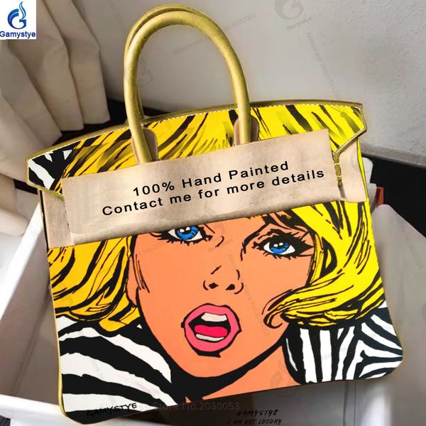 

hand painted pop art girl women bags designer genuine leather bags luxury totes women bags design women handbag really togo bag