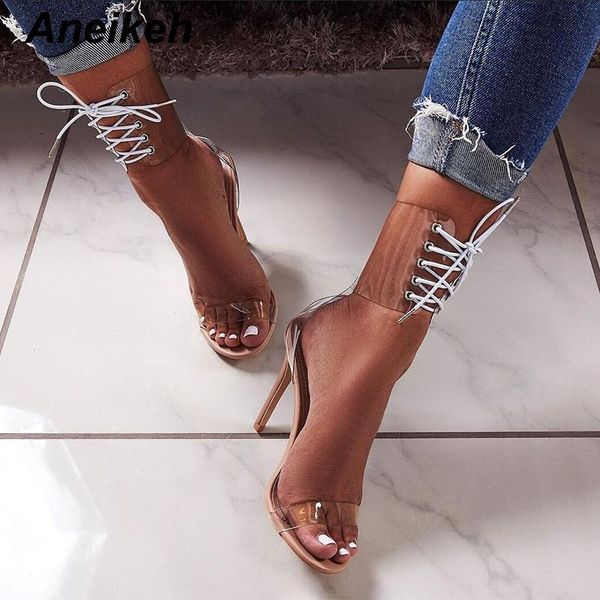 

aneikeh 2020 pvc jelly lace-up sandals open toed high heels women transparent heel sandals party pumps 11cm orange apricot, Black