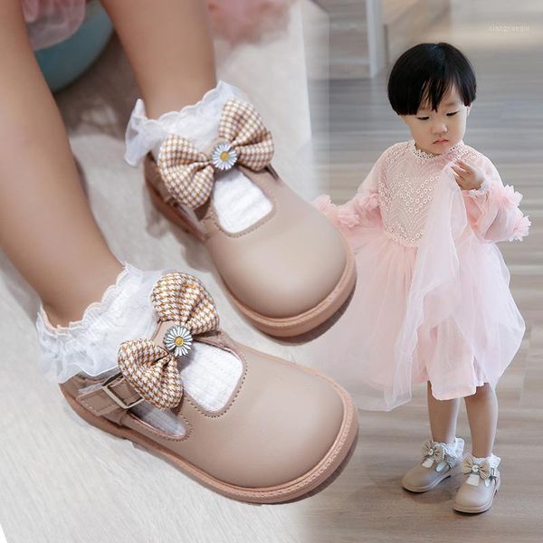 

girls shoes flower t strap leather shoes kids plaid butterfly princess non-slip children party toddler autumn spring1, Black;grey