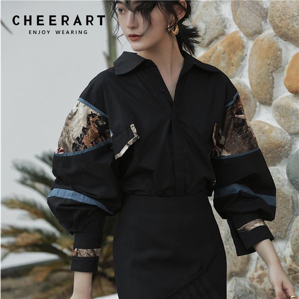 

cheerart 2019 vintage blouse women pop long sleeve oversize print black shirt cotton and blouses femme streetwear t200321, White