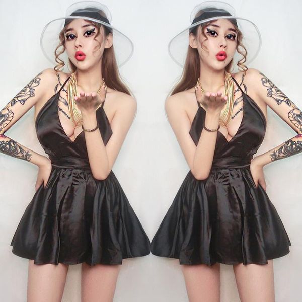 

stage wear costumes tide female singer dj bar nightclub dance clothes party celebrate backless deep v strap short dress dwy22591, Black;red