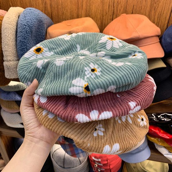 

flower art sweet literature beret corduroy korean style octagonal female bud cap autumn and winter decoration trend, Blue;gray