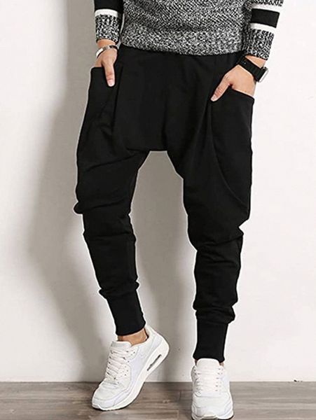 

men pocket side drop crotch pants q5lg#, Black