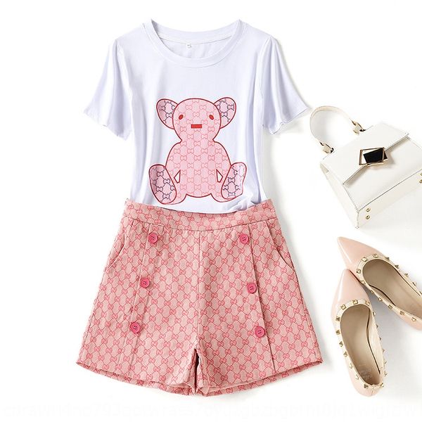 

sweet two piece set 2020 women's summer bear print wide leg pants t-shirt shorts drill short sleeve t-shirt + wide leg pants and shorts, Gray
