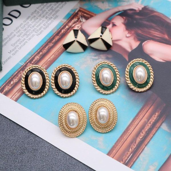

stud fashion geometry earring pearl epocy retro oval triangle shape temperament decoration, Golden;silver