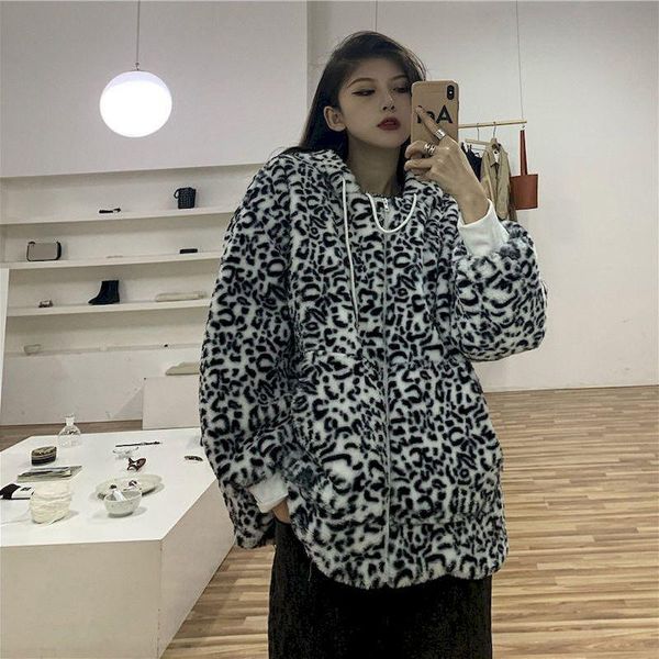 

thickened hooded jackets female imitation lamb velvet korean ins retro leopard print plus size autumn winter loose warm coat, Black;brown