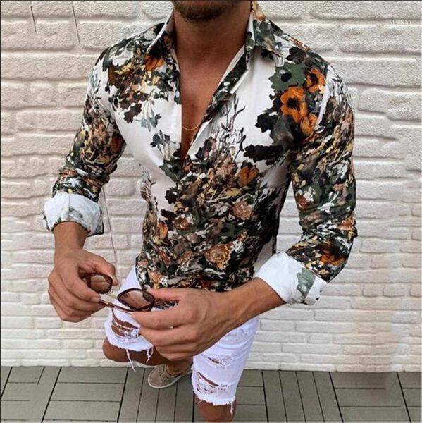 

men's long sleeve autumn casual button-down shirts fashion holiday floral print business slim muscle 11, White;black