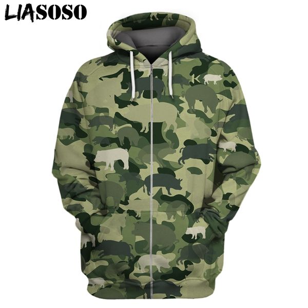 

liasoso funny cattle shepherd hoodie 3d print mens harajuku camouflage hunting streetwear pig sweatshirt women kids zipper shirt c0127, Black