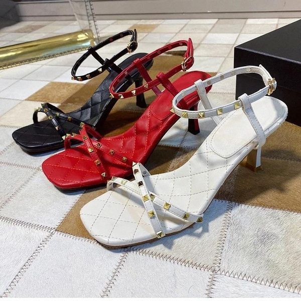 

2020 new ladies office career high heel sandals summer rivets buckle strap fashion thin heels sandalias mujer women sandals #aa1w, Black