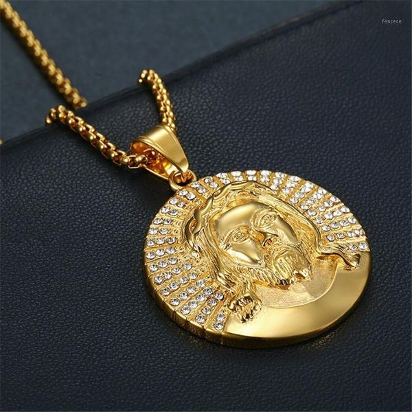 Kolye Kolyeler Hip Hop buzlu Rhinestone İsa Parçası Geri kolye Altın Renk Paslanmaz Çelik Zinciri Erkekler Hıristiyan Jewelry1