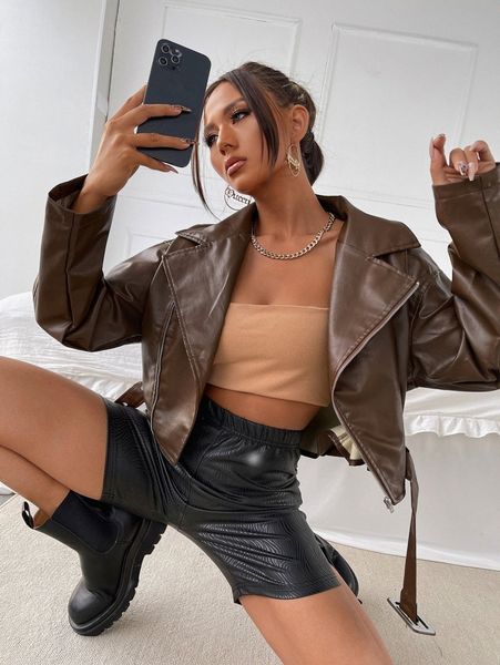 

drop shoulder zip front belted pu leather moto jacket h8wz#, Black;brown