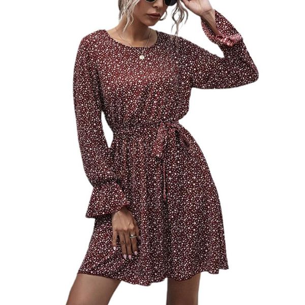 

casual dresses 2021 autumn floral and dot print women's stand neck long sleeve cute chiffon dress fashion female, Black;gray