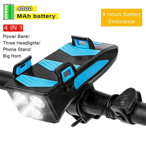 

multi-function 4 in 1 bicycle usb rechargeable led headlight bike horn phone holder powerbank cycling light