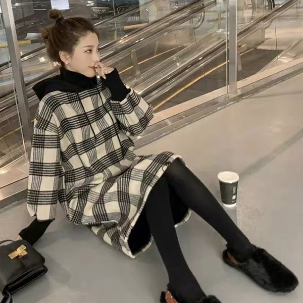 

autumn winter new plaid fake two bottoms shirt women's middle and hooded t-shirt skirt students' long sleeve warm clothes