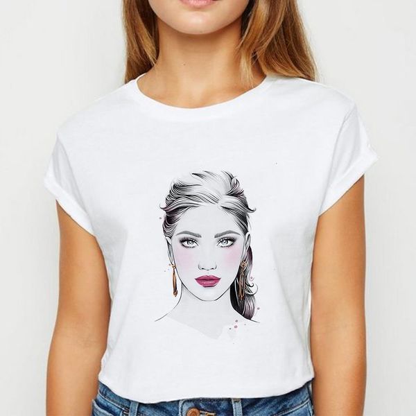

popular beauty with long hair tshirt young ladies spring summer t shirt harajuku cute and spoof printing o-neck loose t-shirt, White