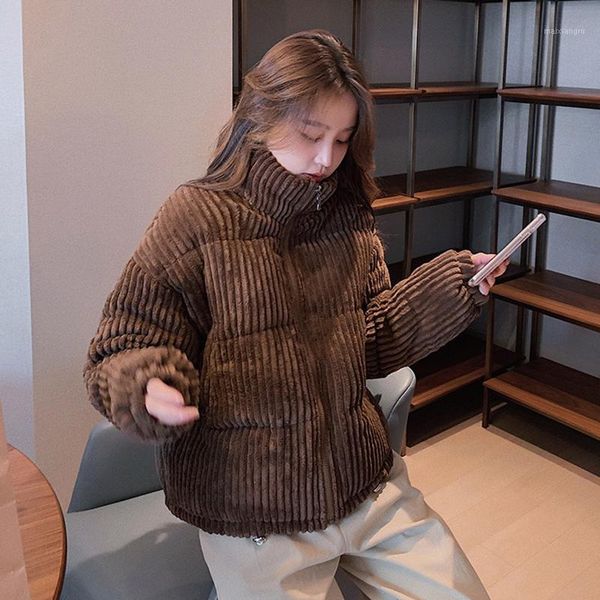 

woman parkas corduroy stand collar solid windproof loose short jacket thick warm winter coat women preppy style puffer jacket1, Black