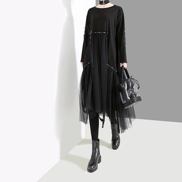

new plus size korean style women autumn winter black loose dress long sleeve mesh overlay lady casual midi dress robe 4564 201127, Black;gray