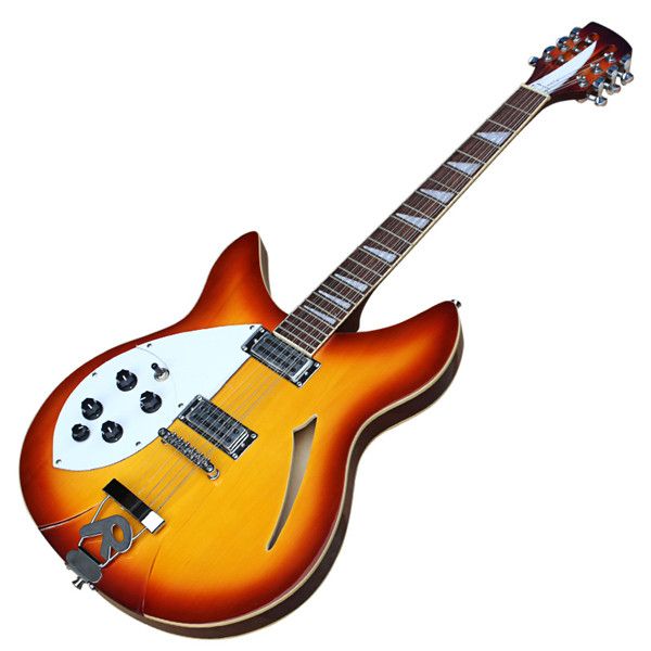 

left-handed semi-hollow body 12 strings electric guitar with r bridge,rosewood fingerboard,white pickguard,can be customized