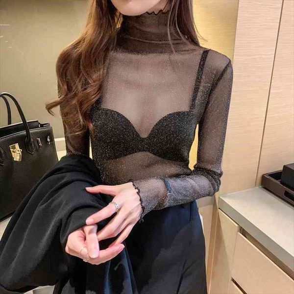 

girls mesh blouses tees female autumn transparent full sleeve elegant stretchy turtleneck shirts undershirts for women, White
