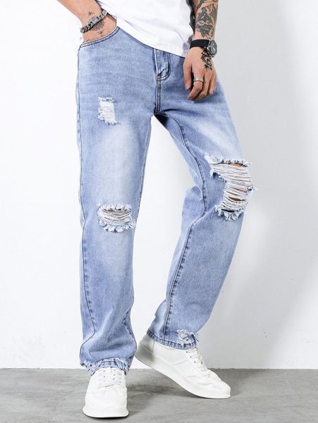 

men ripped straight leg jeans n1og#, Blue