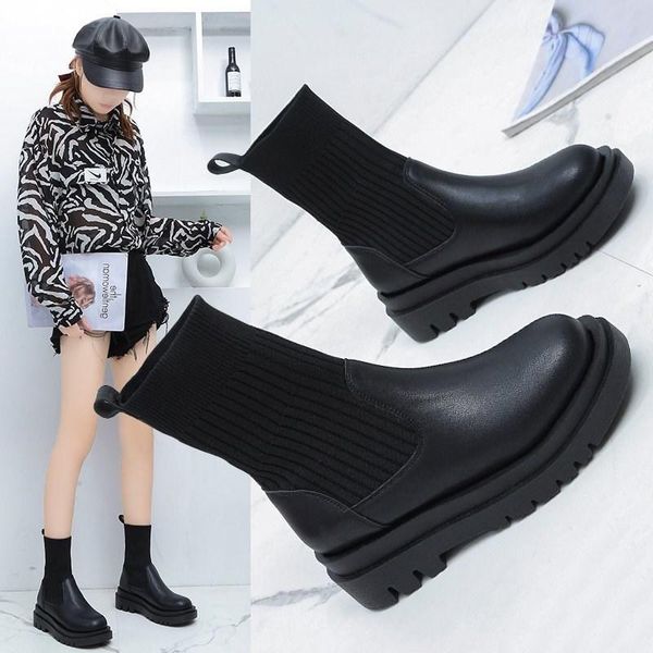 

shoes lady boots round toe booties woman 2020 low heel boots-women luxury designer ladies lolita mid calf rock autumn, Black
