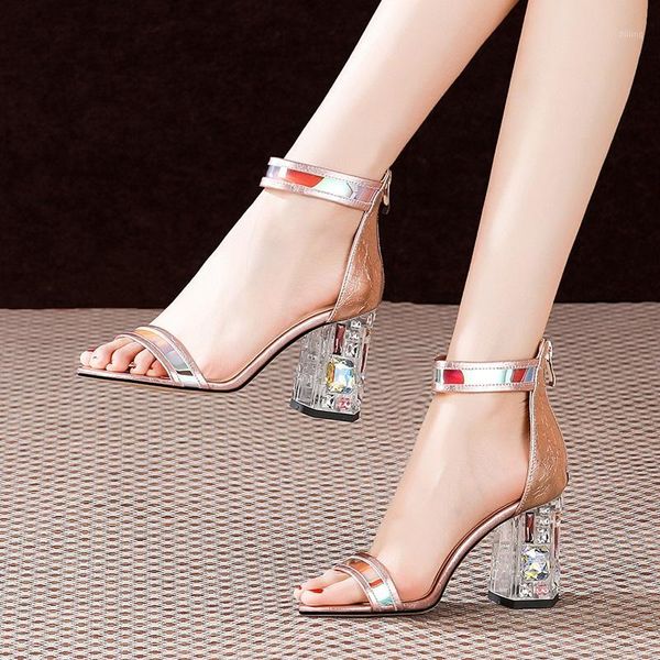 

sandals summer fashion bling crystal thick heels peep toe one-strap zipper cover patent leather women gladiator 2021071, Black