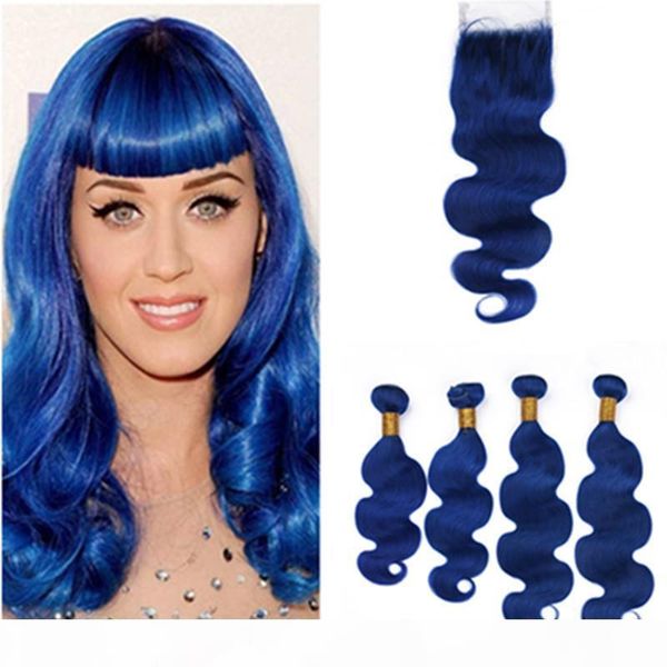 

dark blue body wave brazilian hair 4bundles and closure 5pcs lot pure blue wavy virgin human hair weave wefts with 4x4 lace closure, Black;brown