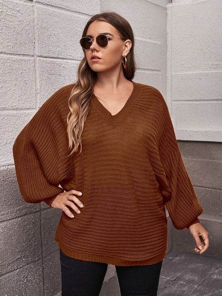 

plus solid batwing sleeve sweater c6rm#, Black