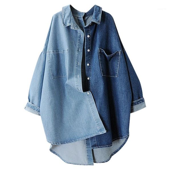 

ewq] 2020spring autumn new korean tide blue turn-down collar batwing sleeve single breasted cotton lady denim coat female ma7051, Black;brown